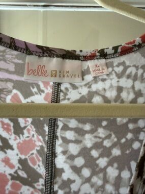 Belle by Kim Gravel Floral-Print midi dress in Pink and Taupe.    Left-side slit